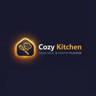 Cozy Kitchen logo — golden house, whisk and chef's hat emblem