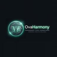 OvaHarmony logo — circular caduceus and organic floral emblem